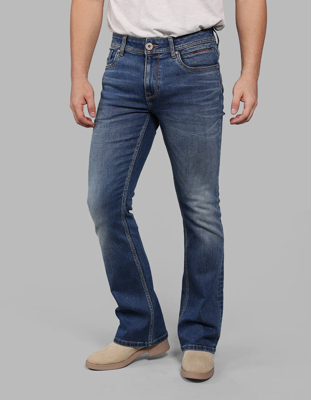 Med Blue Mid Rise Cropped Length Loose Boot Leg Stretch Jeans - Image 5