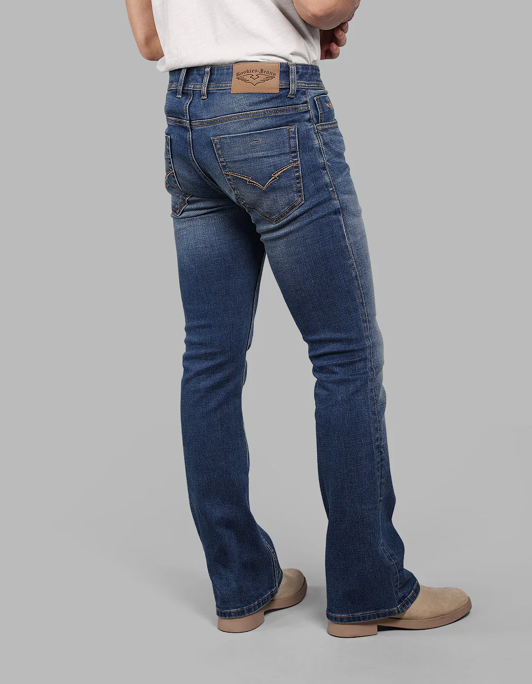 Med Blue Mid Rise Cropped Length Loose Boot Leg Stretch Jeans - Image 7