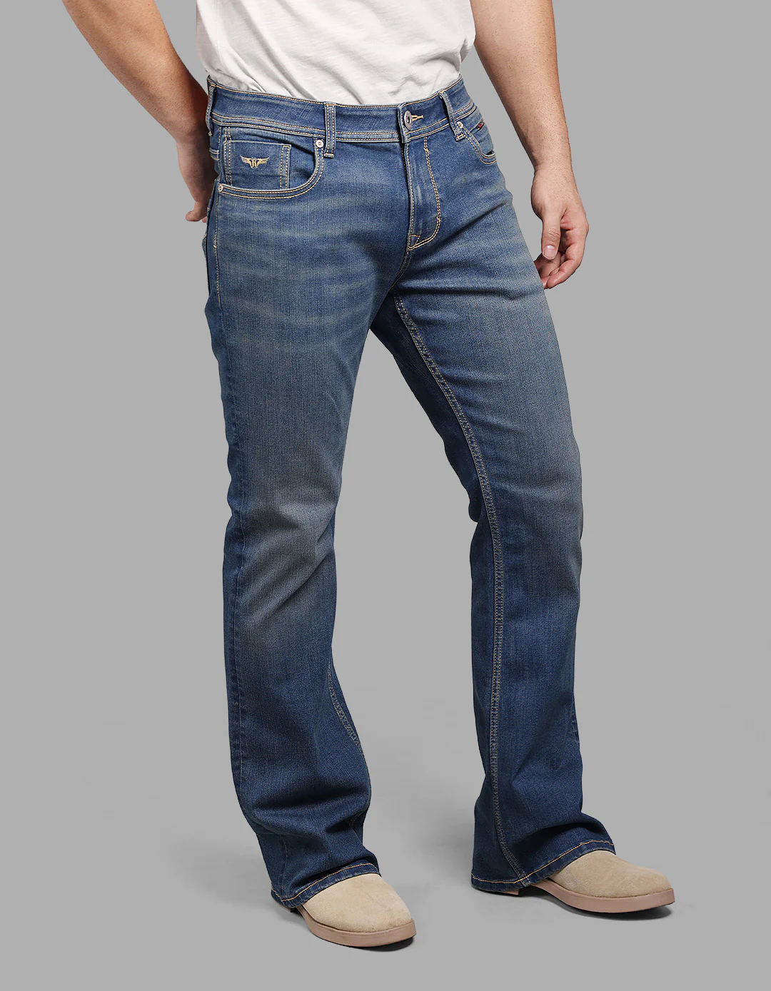 Med Blue Mid Rise Cropped Length Loose Boot Leg Stretch Jeans - Image 4