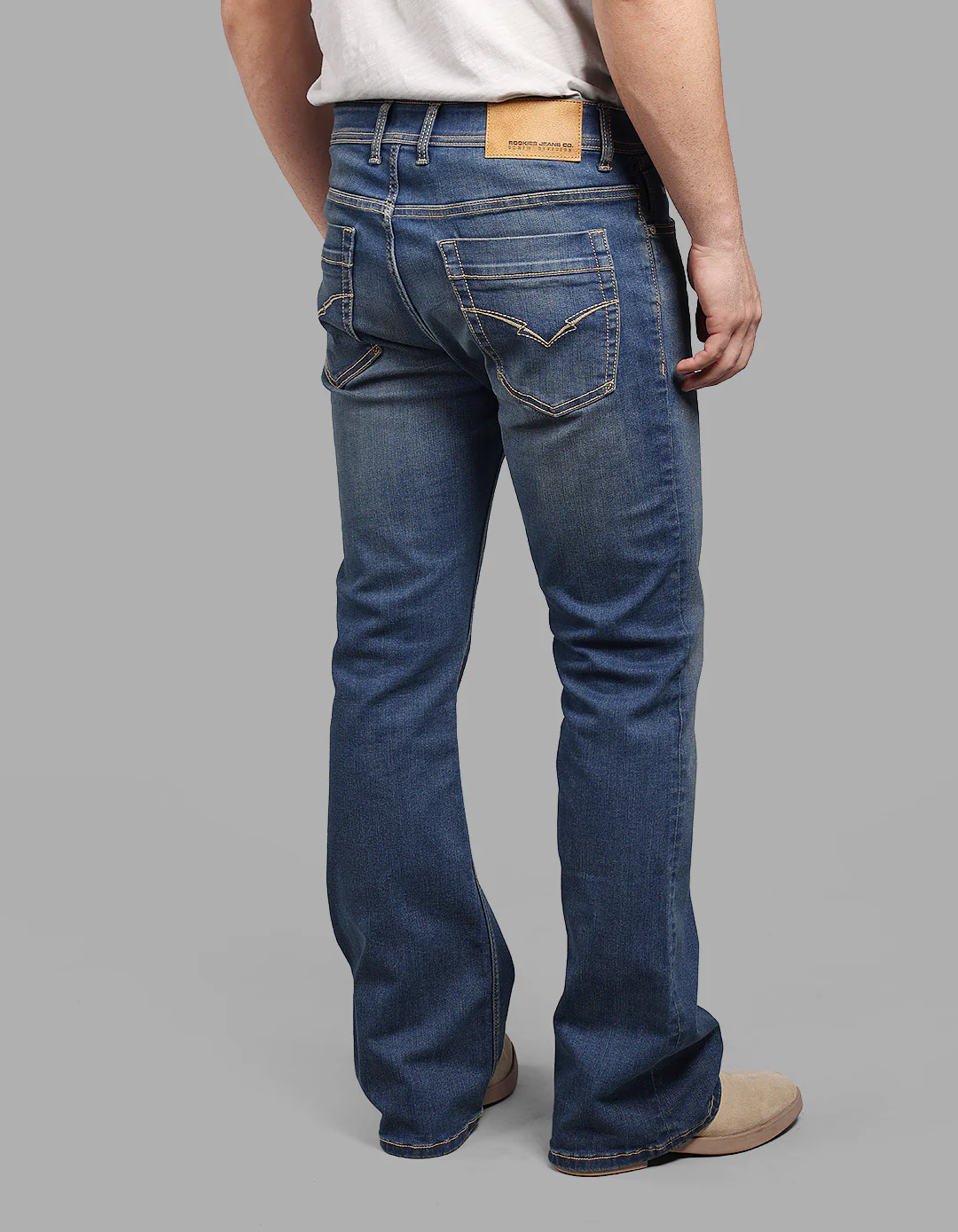 Med Blue Mid Rise Cropped Length Loose Boot Leg Stretch Jeans - Image 5