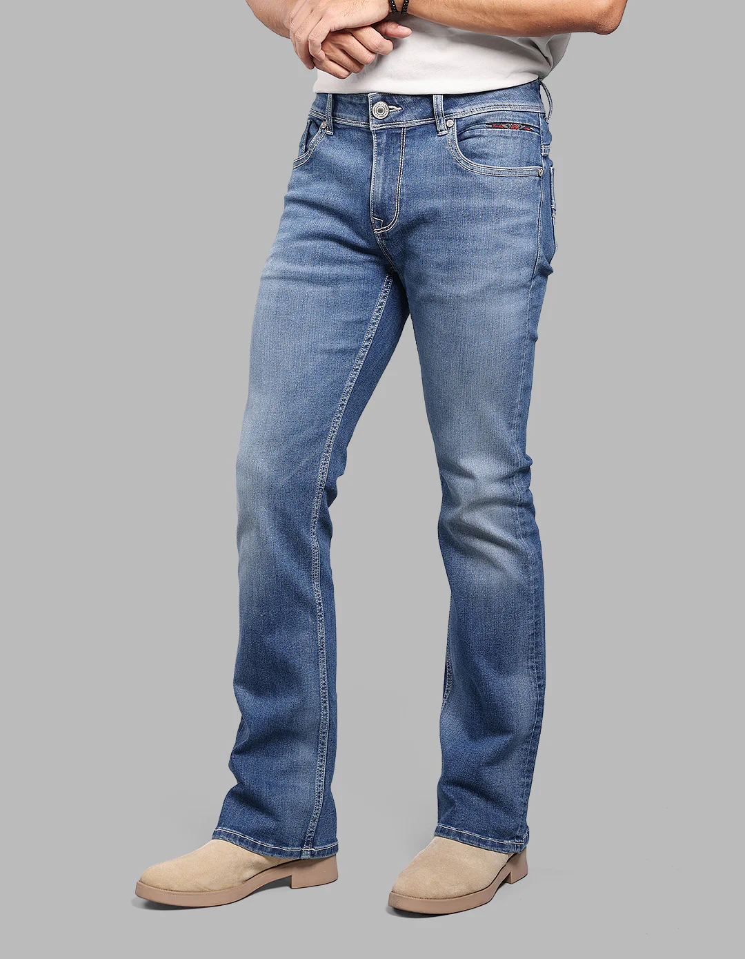 Med Blue Mid Rise Cropped Length Loose Boot Leg Stretch Jeans - Image 3