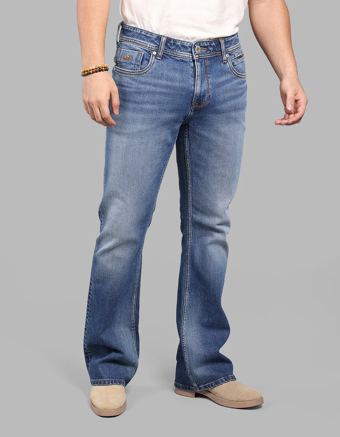 Med Blue Mid Rise Cropped Length Loose Boot Leg Stretch Jeans - Image 5