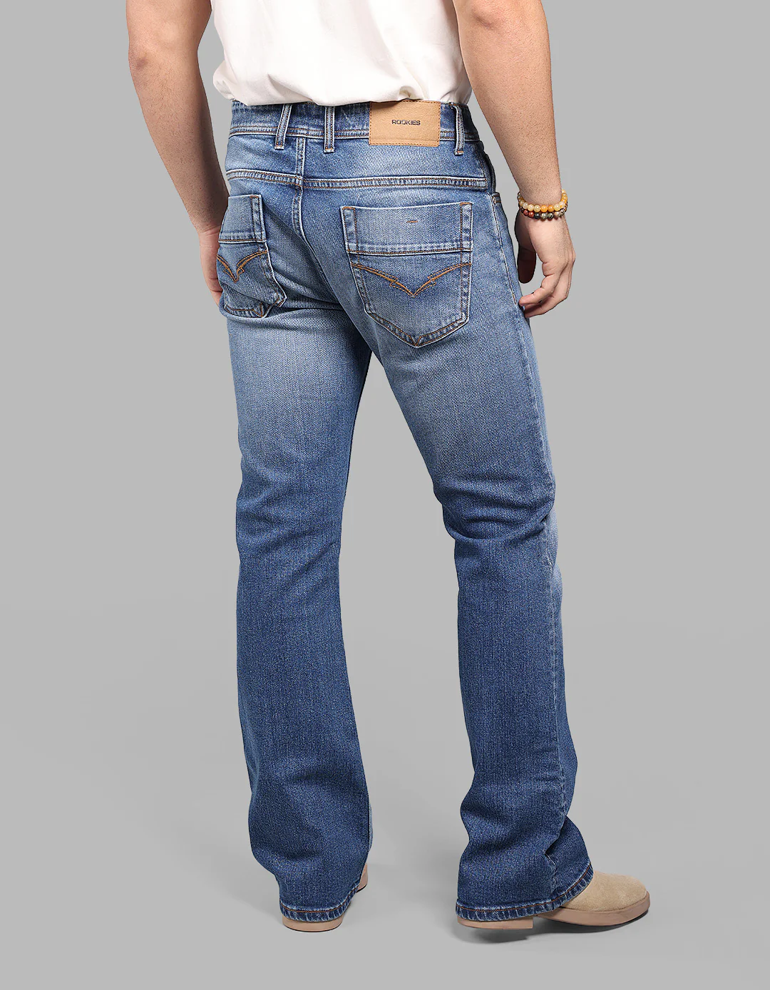 Med Blue Mid Rise Cropped Length Loose Boot Leg Stretch Jeans - Image 6
