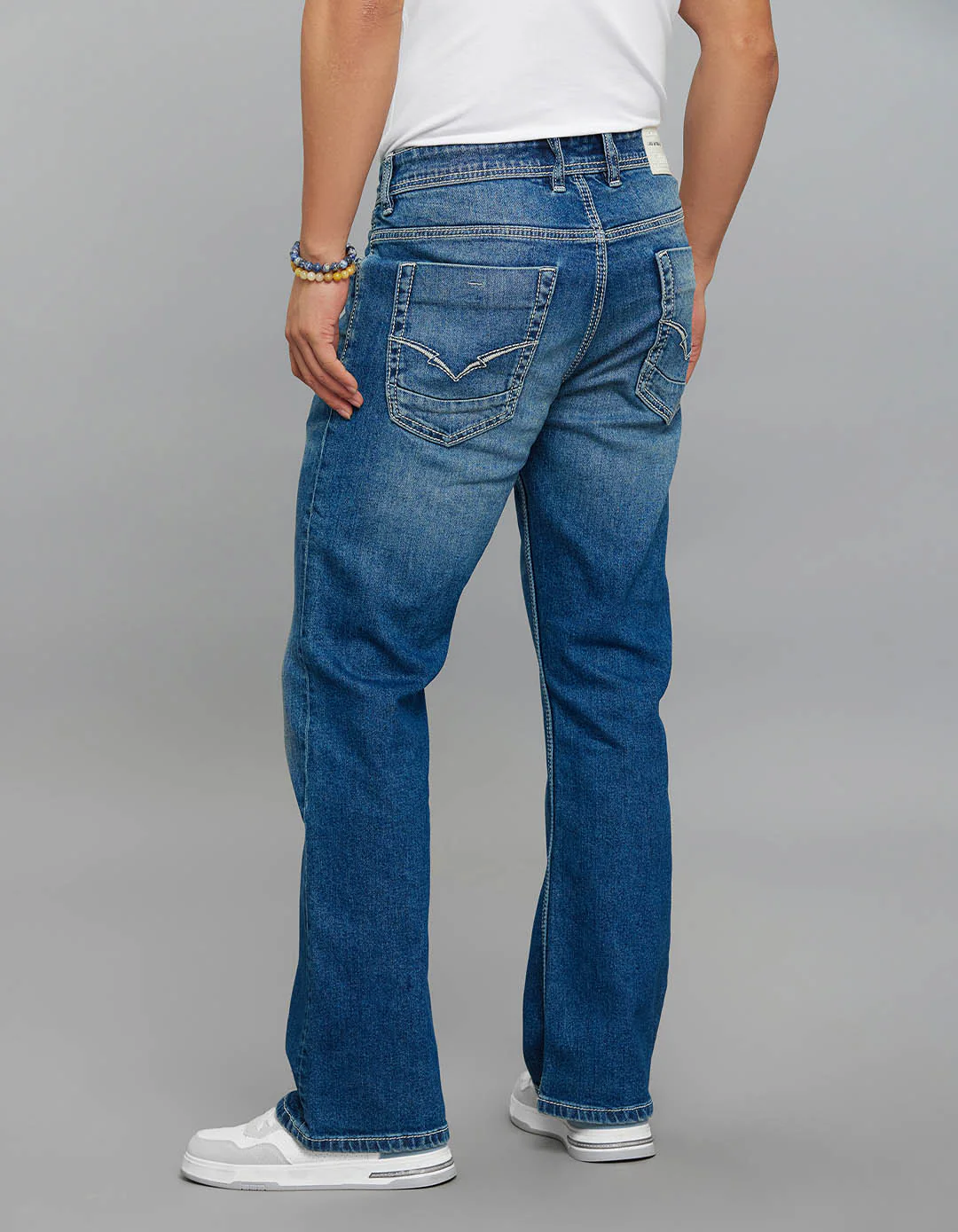 Med Blue Mid Rise Cropped Length Loose Boot Leg Stretch Jeans - Image 5