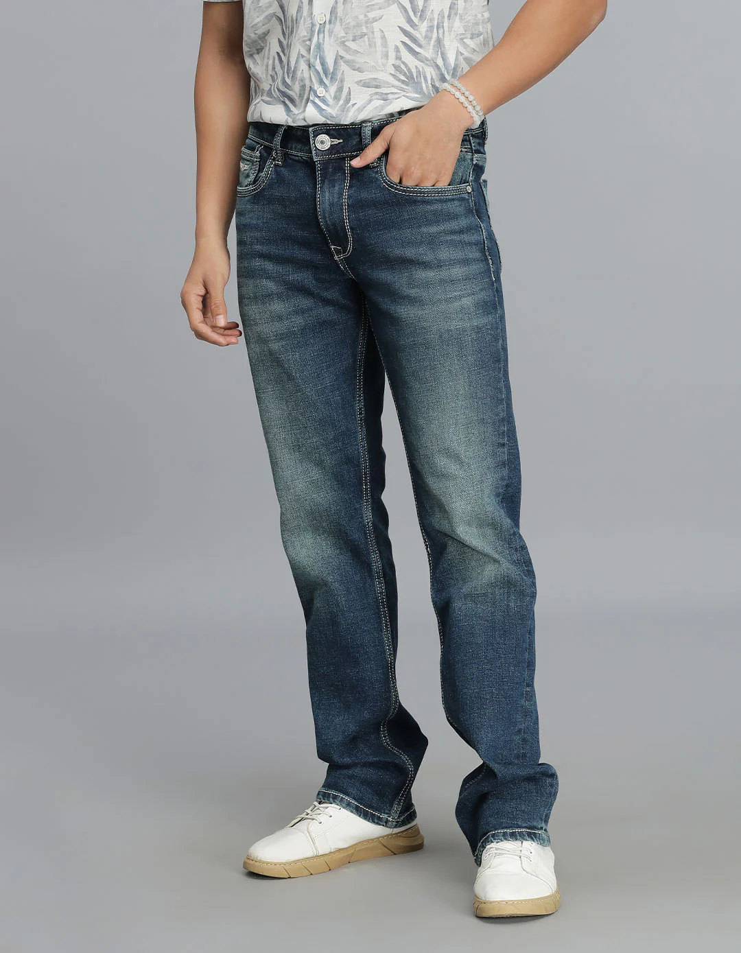 Med Blue Mid Rise Loose Boot Leg jeans