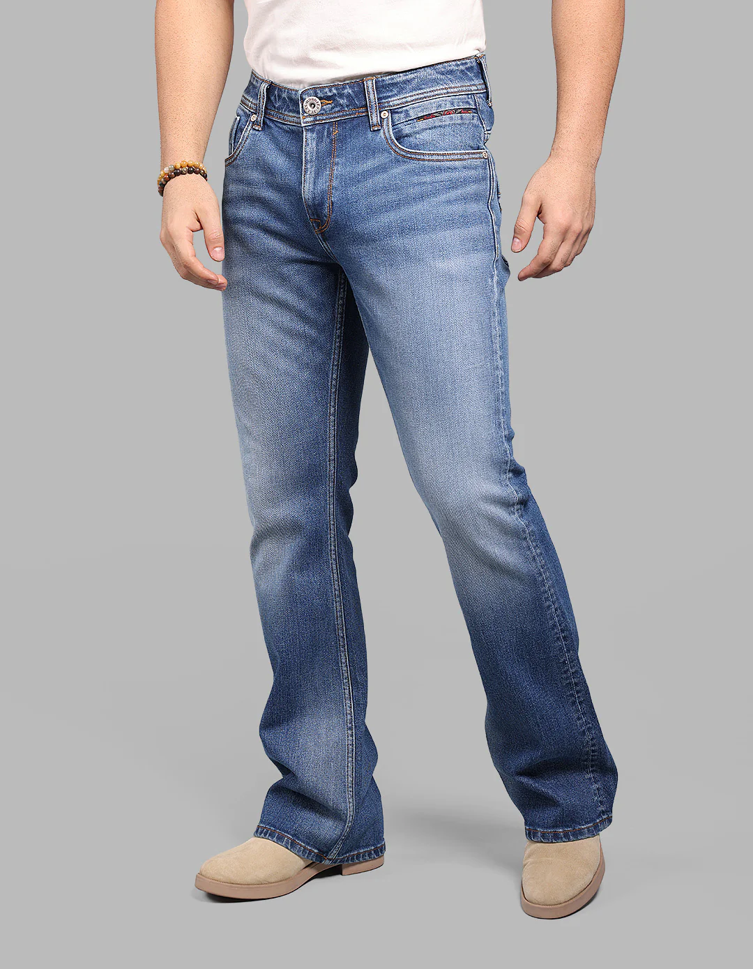 Med Blue Mid Rise Loose Boot Leg Stretch Jeans - Image 3