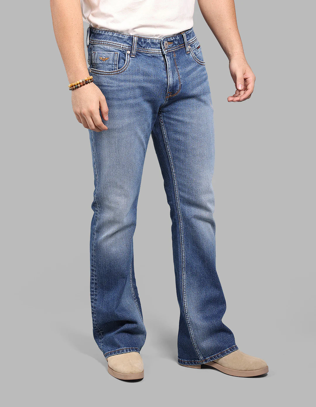 Med Blue Mid Rise Loose Boot Leg Stretch Jeans - Image 4