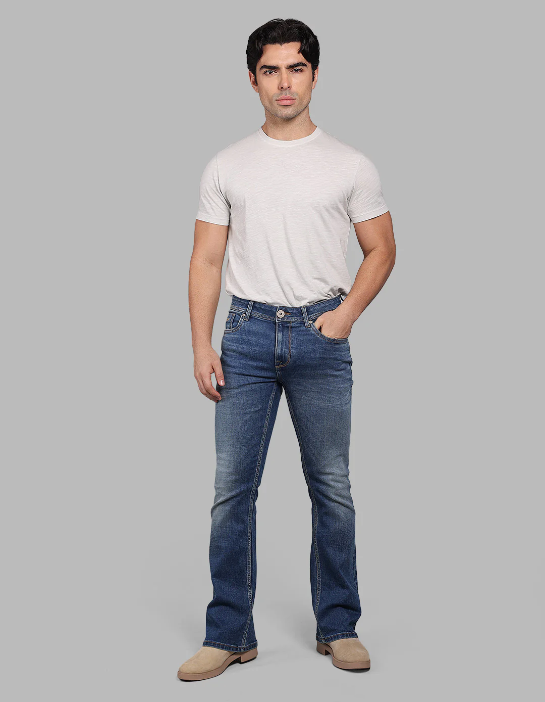 Med Blue Mid Rise Loose Boot Leg Stretch Jeans - Image 2