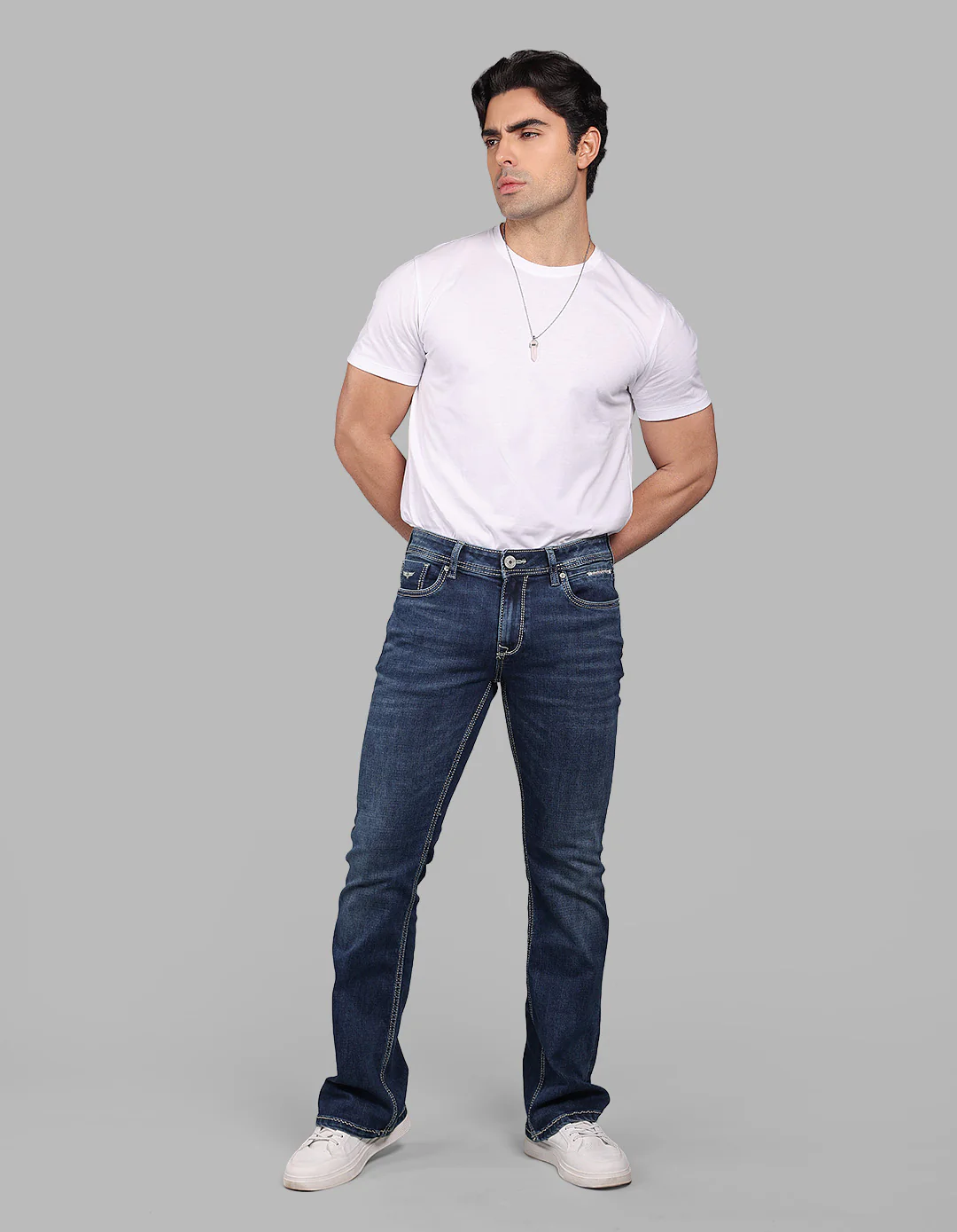 Med Blue Mid Rise Loose Boot Leg Stretch Jeans - Image 2