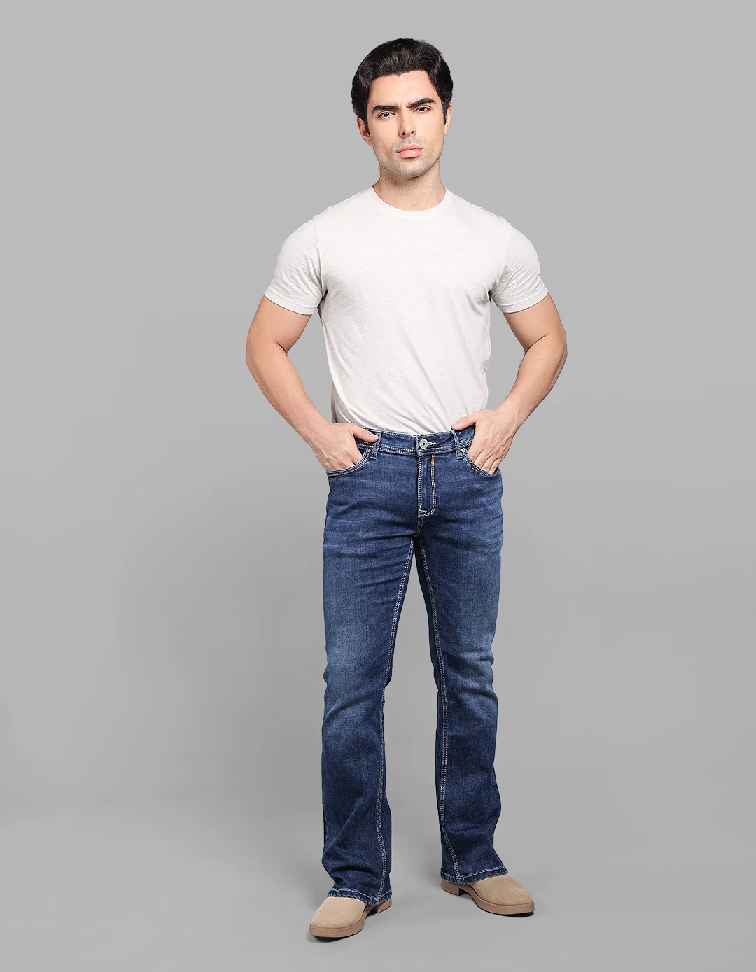 Med Blue Mid Rise Loose Boot Leg Stretch Jeans - Image 2