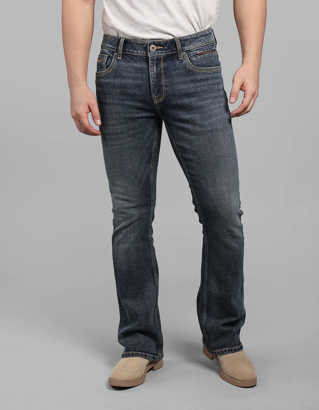 Med Blue Mid Rise Loose Boot Leg Stretch Jeans