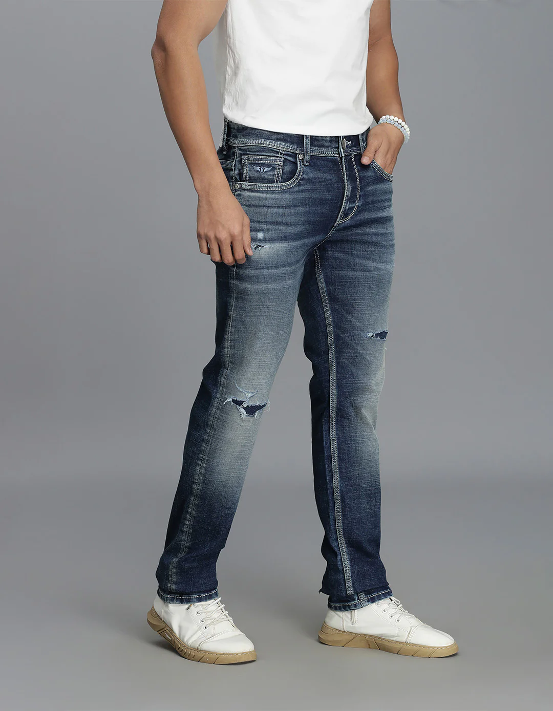 Med Blue Mid-Rise Slim Straight Fit Jeans - Image 4