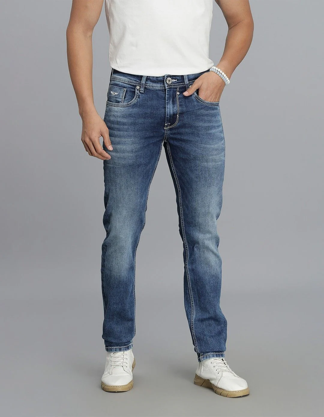 Med Blue Mid-Rise Slim Straight Fit jeans
