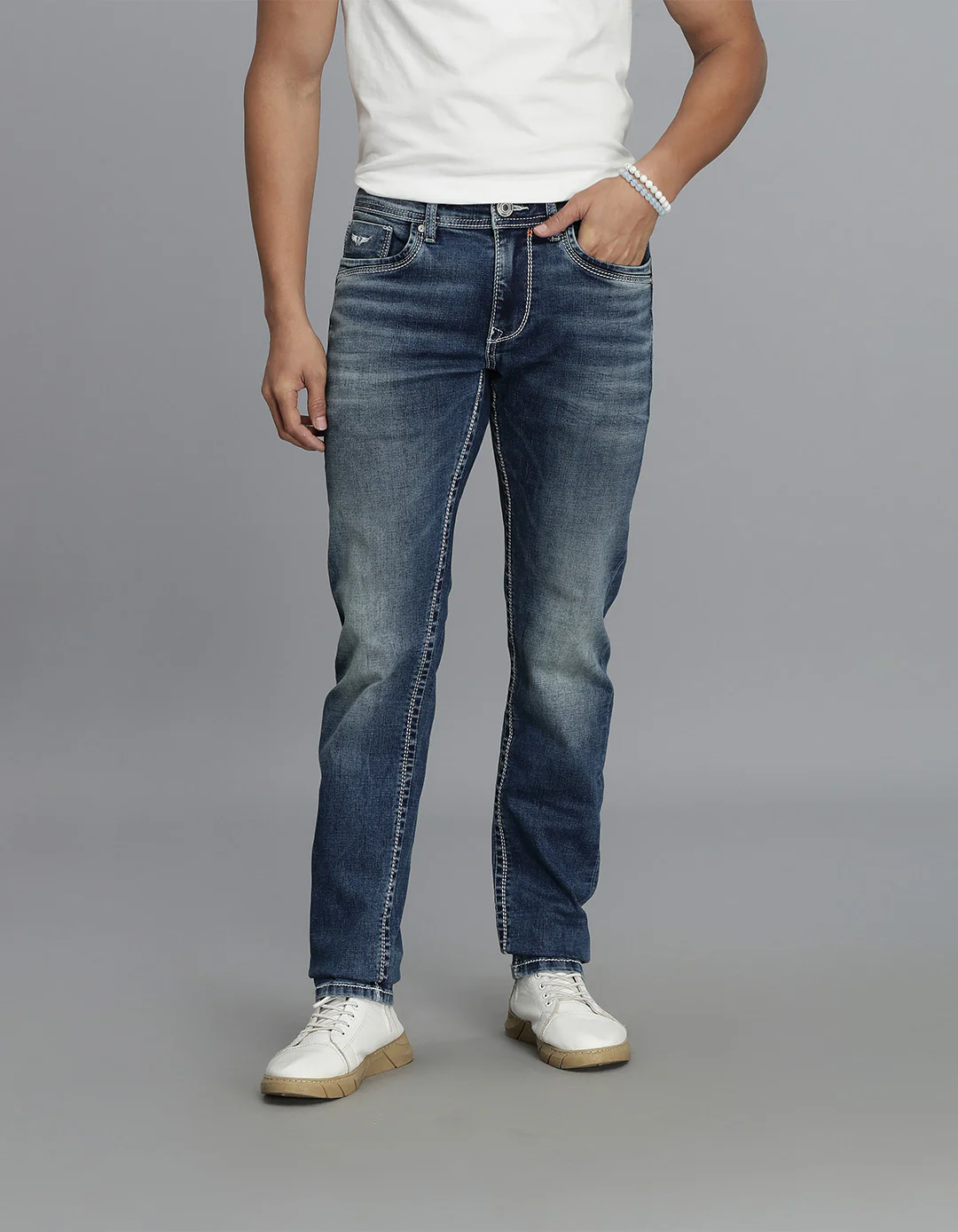 Med Blue Mid-Rise Slim Straight Fit jeans