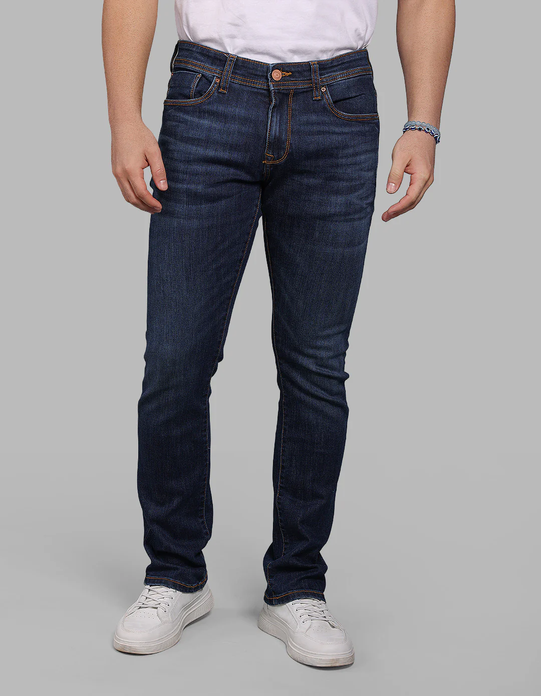 Med Blue Mid-Rise Slim Straight Fit Stretch Jeans