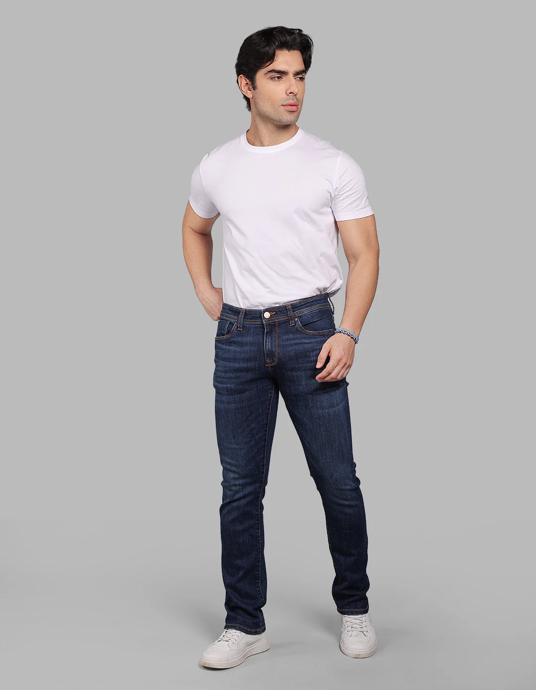 Med Blue Mid-Rise Slim Straight Fit Stretch Jeans - Image 2