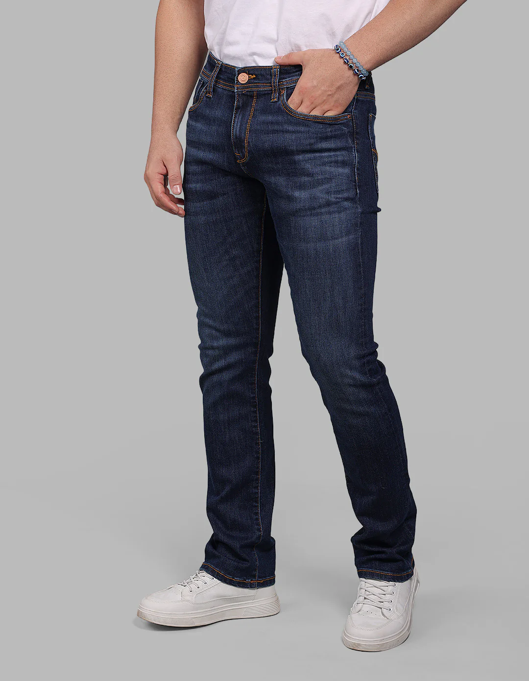 Med Blue Mid-Rise Slim Straight Fit Stretch Jeans - Image 4