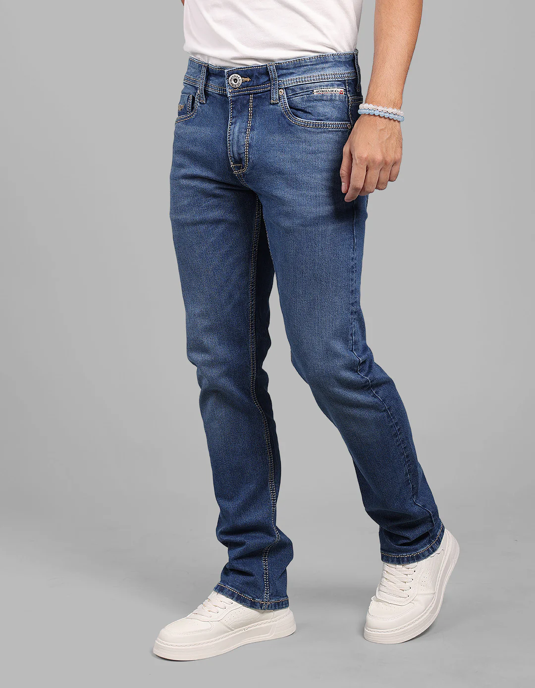 Med Blue Mid-Rise Slim Straight Fit Stretch Jeans