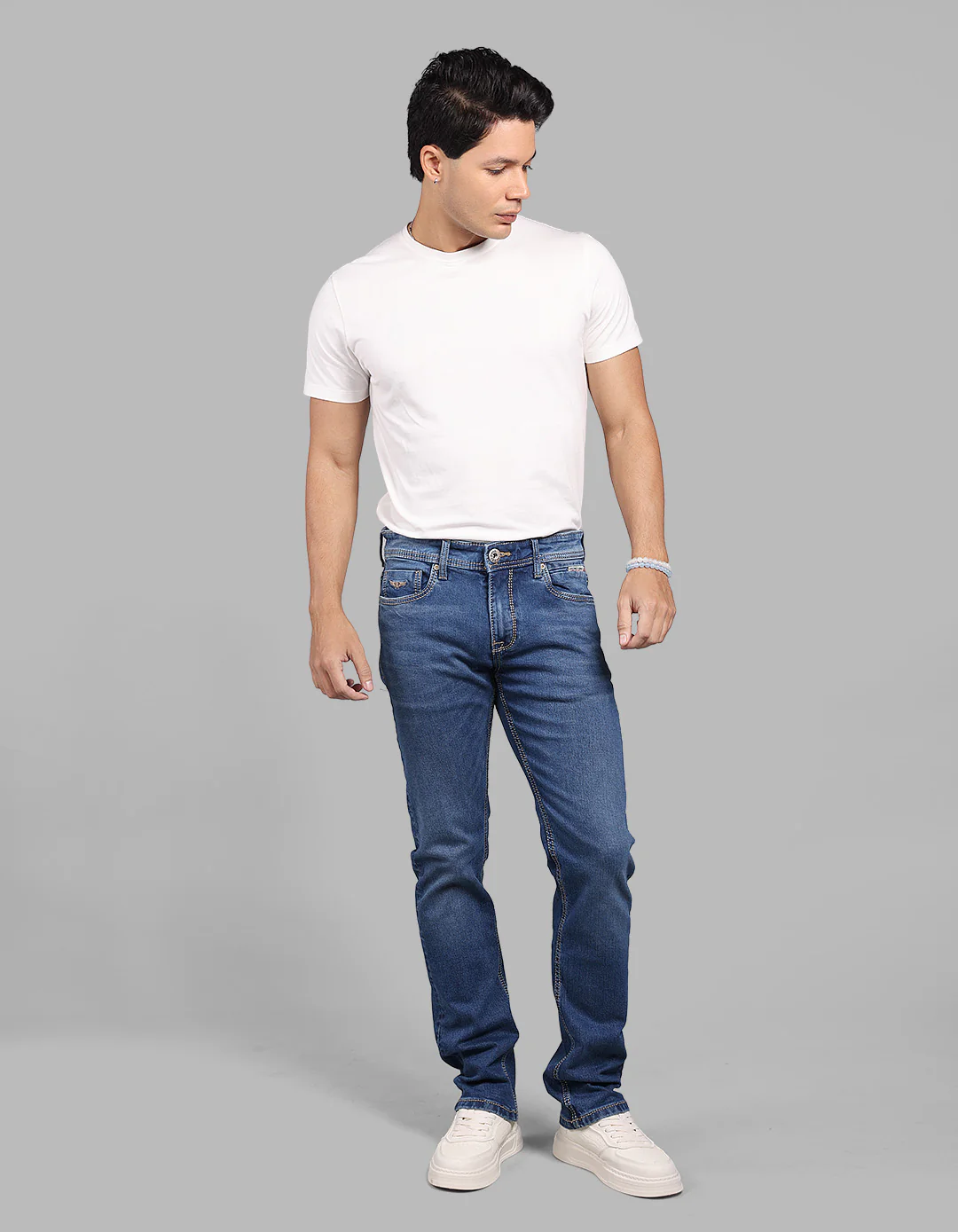 Med Blue Mid-Rise Slim Straight Fit Stretch Jeans - Image 2