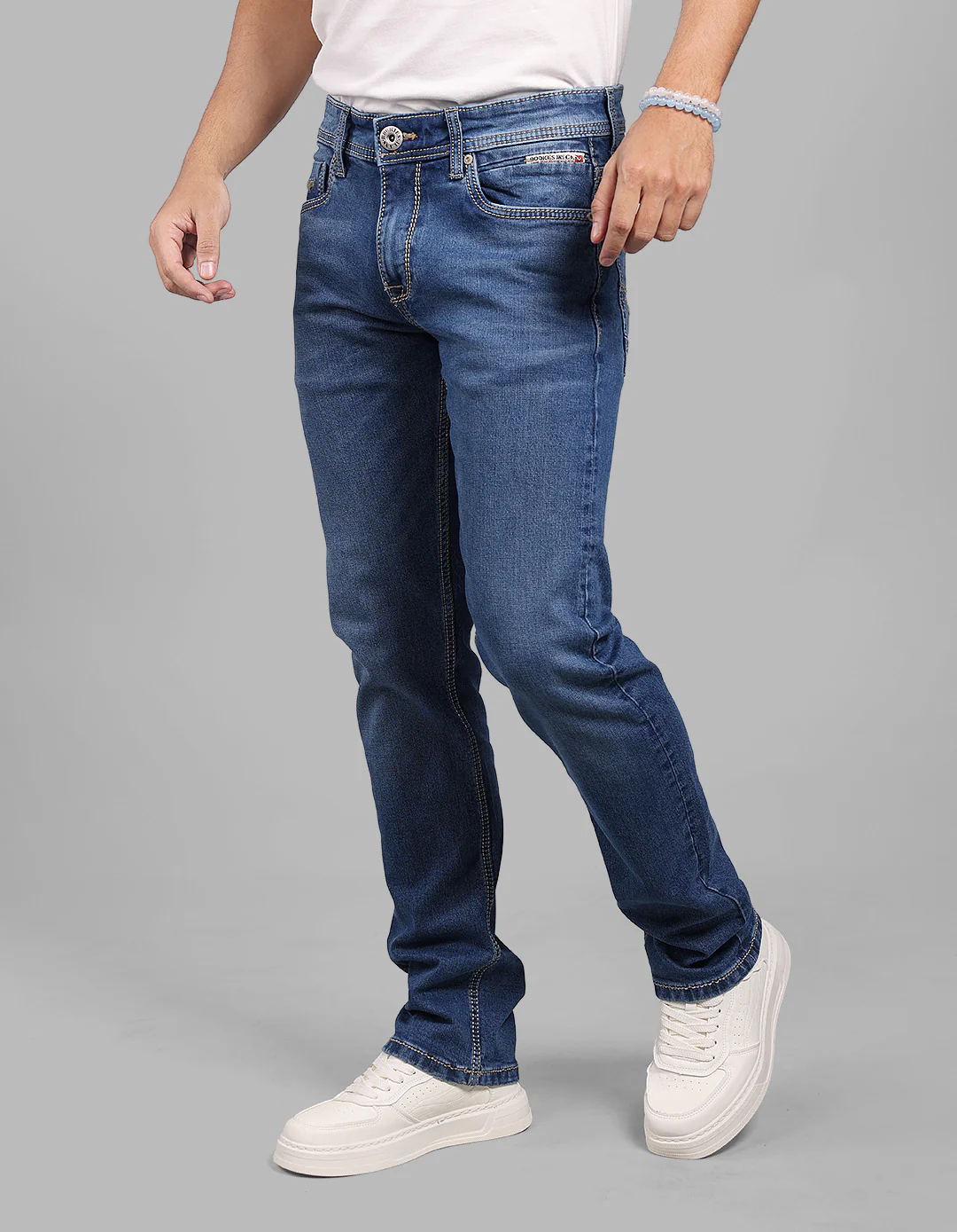 Med Blue Mid-Rise Slim Straight Fit Stretch Jeans - Image 3