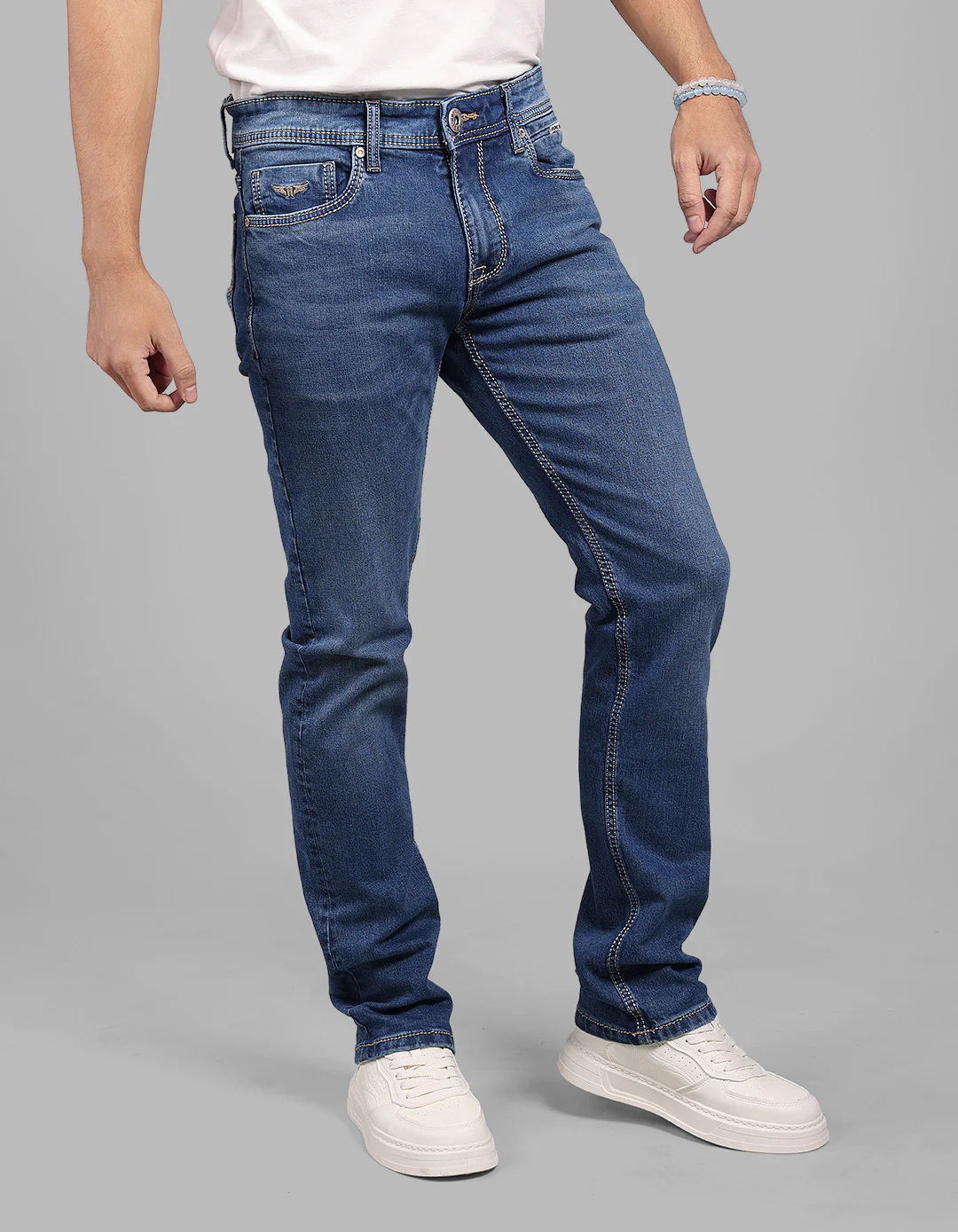 Med Blue Mid-Rise Slim Straight Fit Stretch Jeans - Image 4