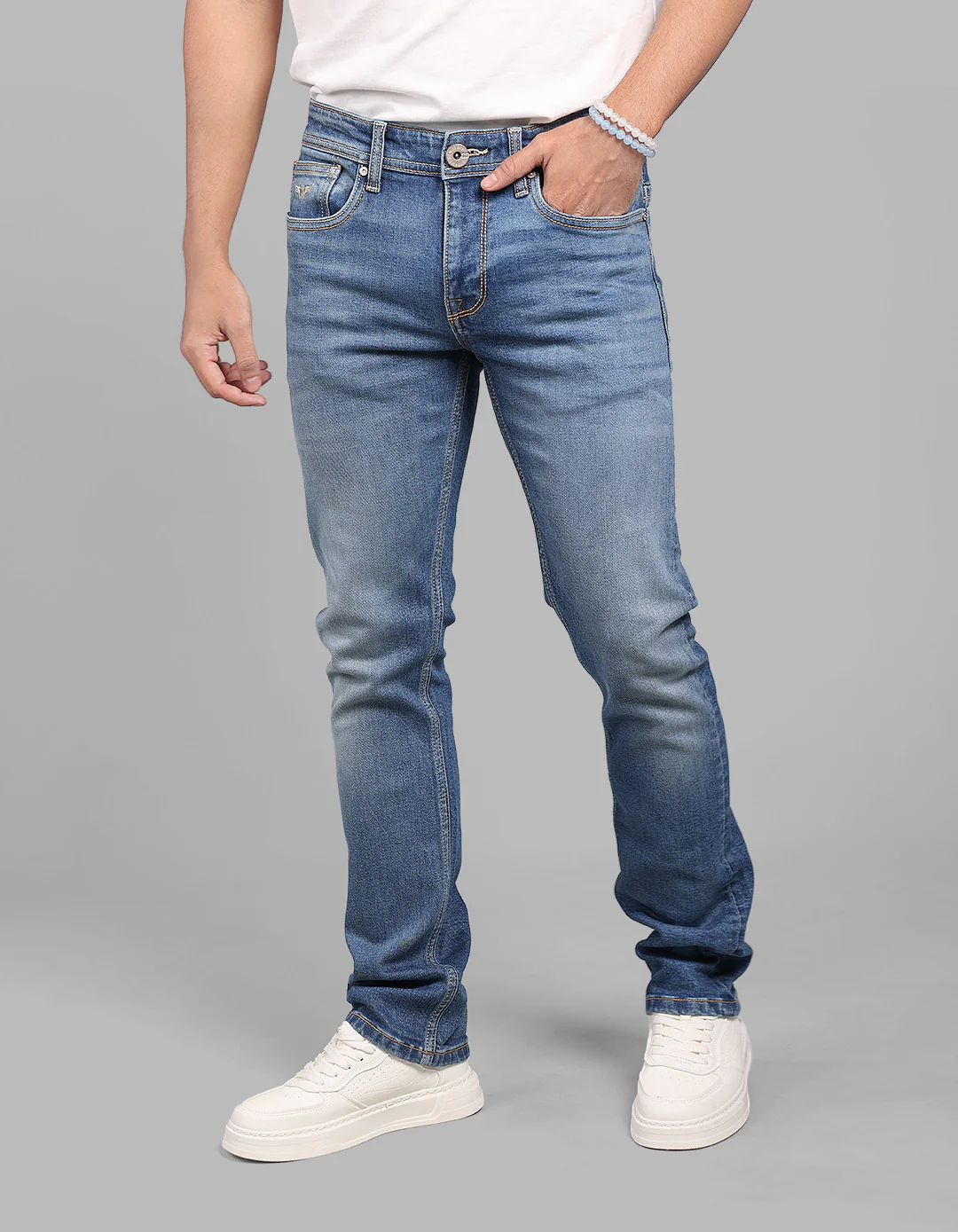 Med Blue Mid-Rise Slim Straight Fit Stretch Jeans