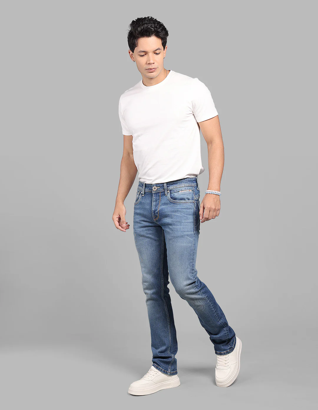 Med Blue Mid-Rise Slim Straight Fit Stretch Jeans - Image 2