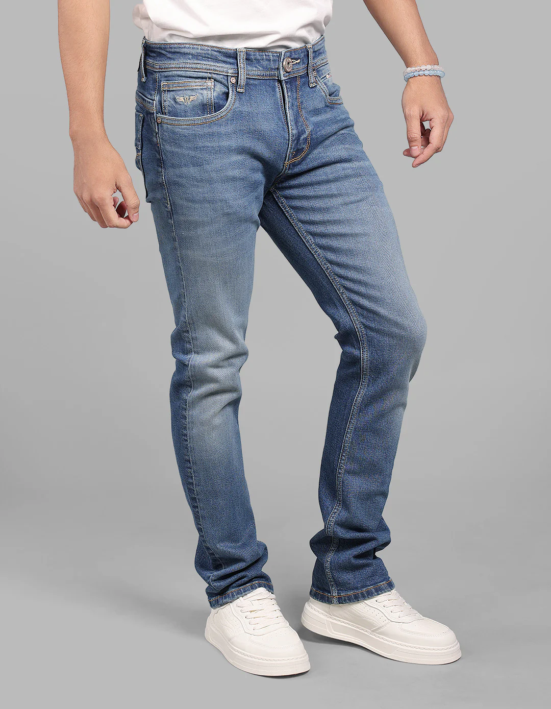 Med Blue Mid-Rise Slim Straight Fit Stretch Jeans - Image 5