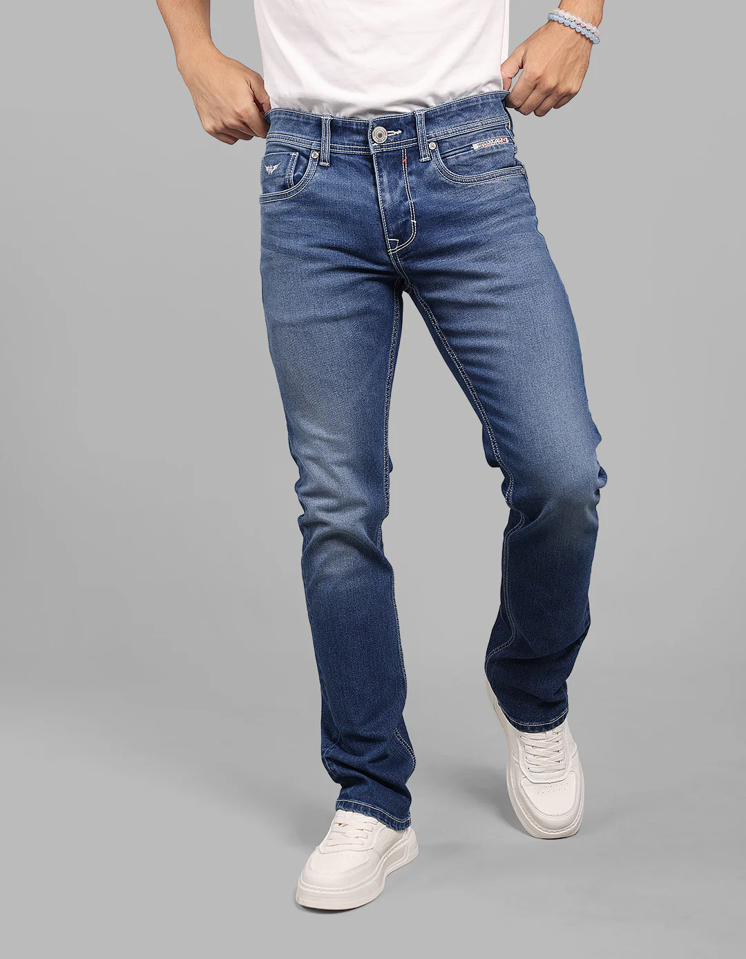 Med Blue Mid-Rise Slim Straight Fit Stretch Jeans