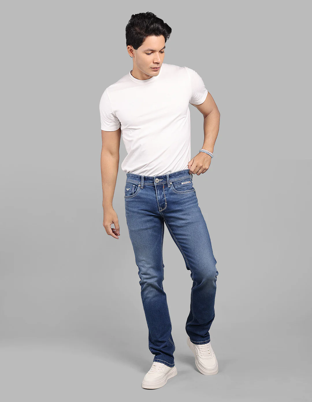 Med Blue Mid-Rise Slim Straight Fit Stretch Jeans - Image 2