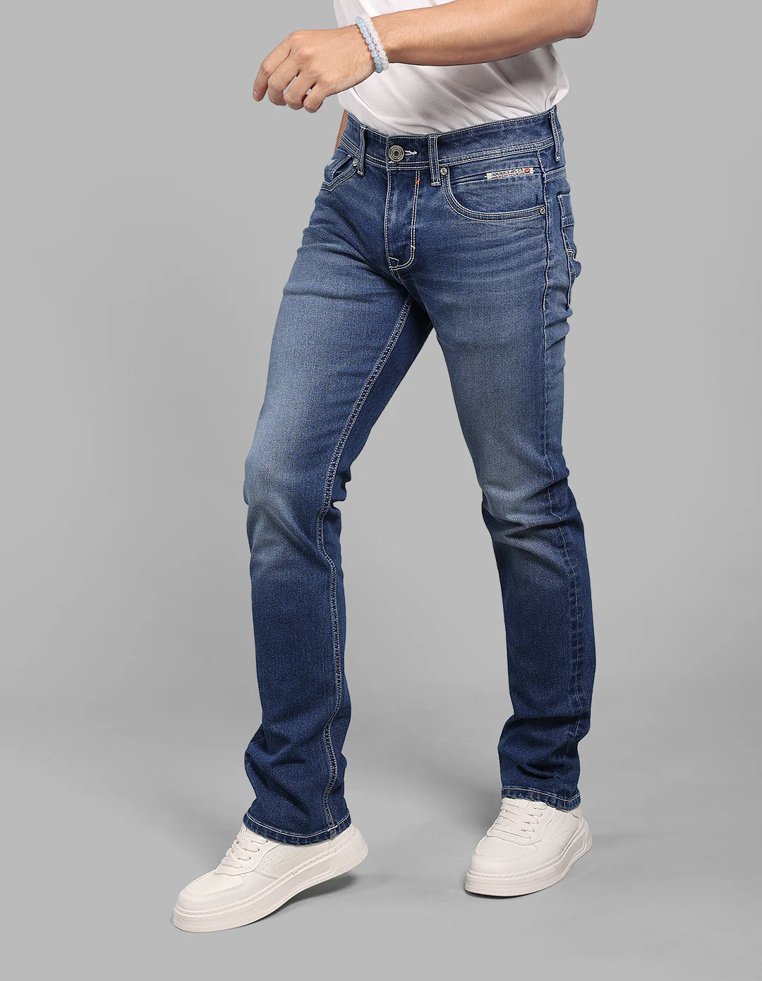 Med Blue Mid-Rise Slim Straight Fit Stretch Jeans - Image 3