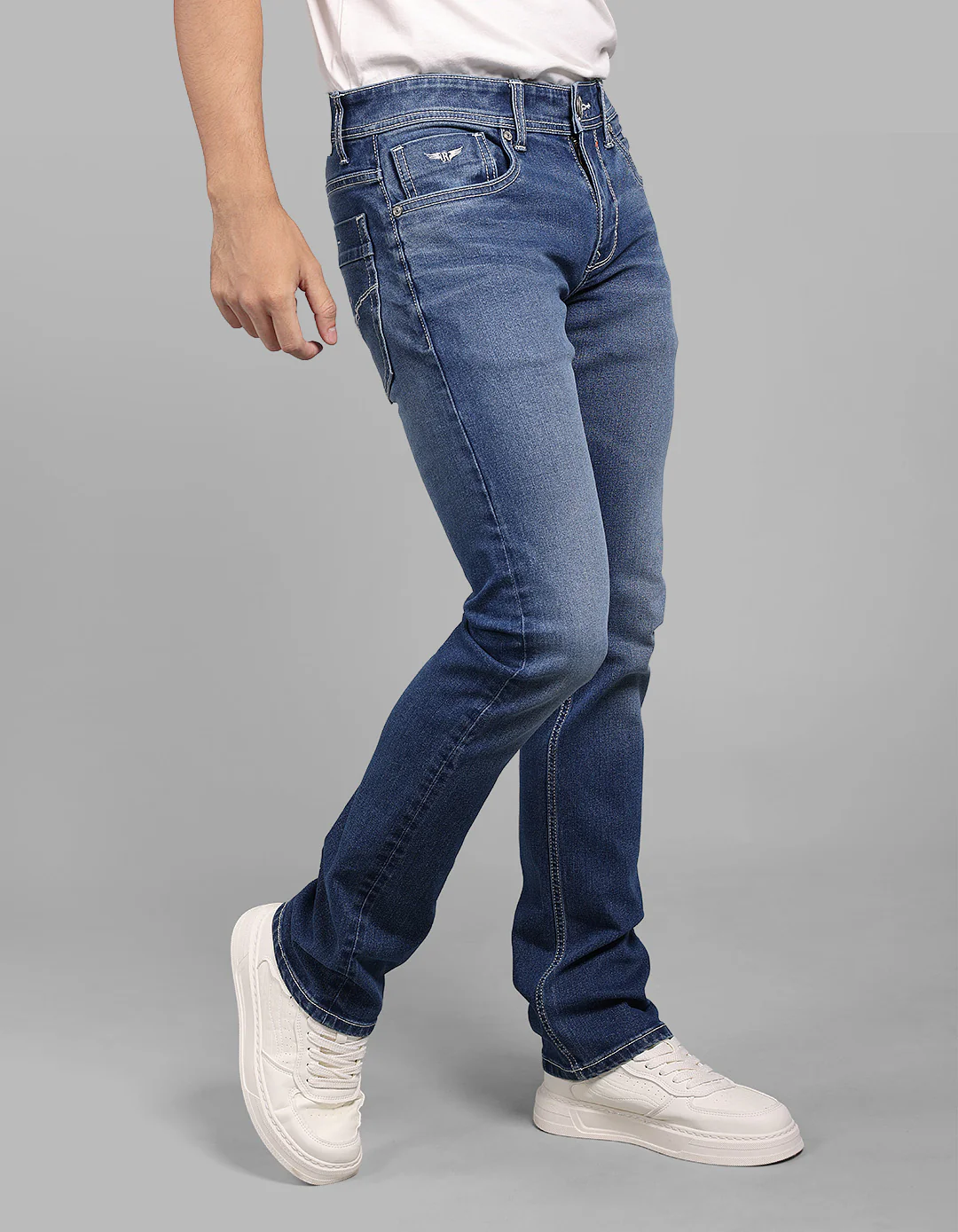 Med Blue Mid-Rise Slim Straight Fit Stretch Jeans - Image 4