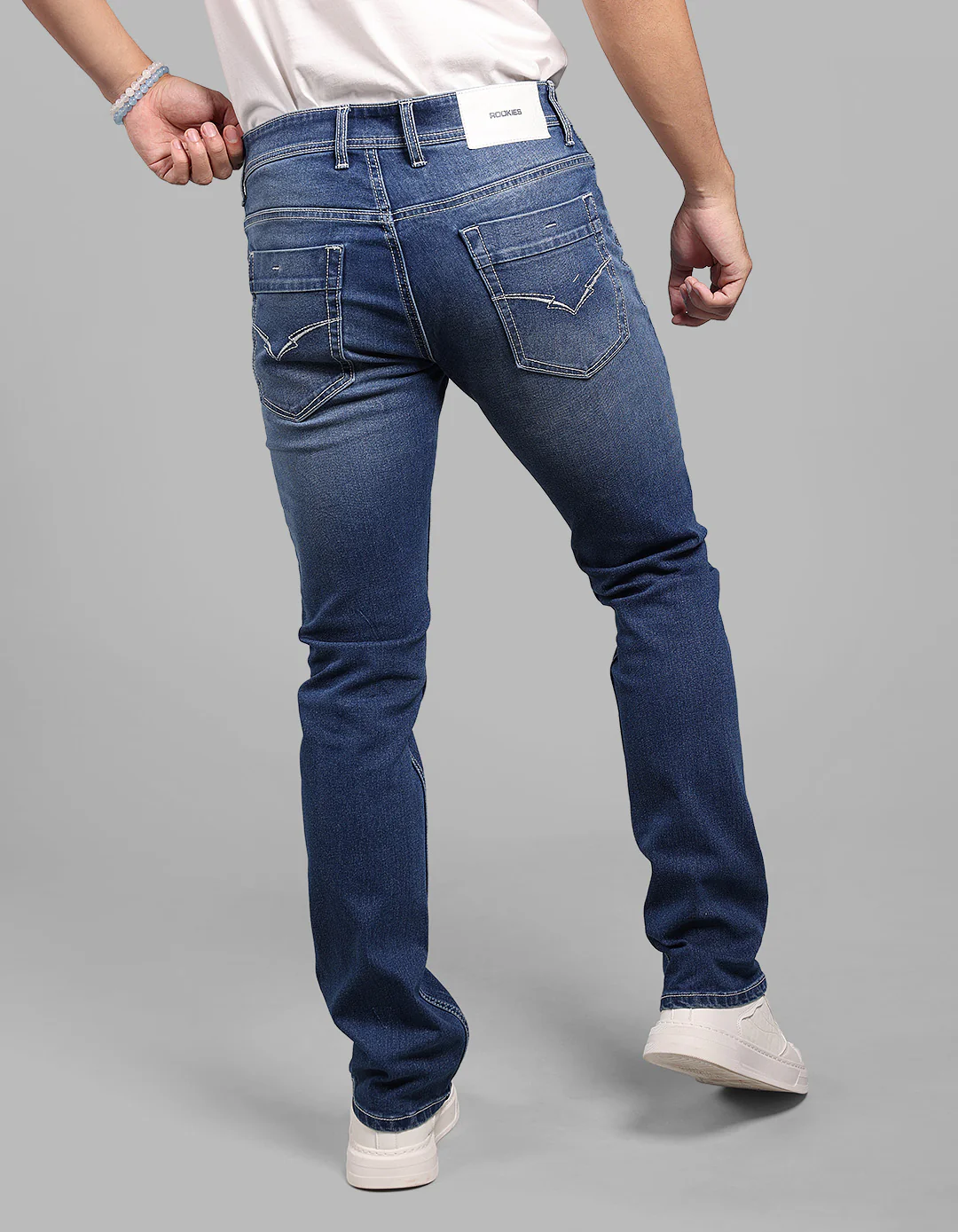 Med Blue Mid-Rise Slim Straight Fit Stretch Jeans - Image 5