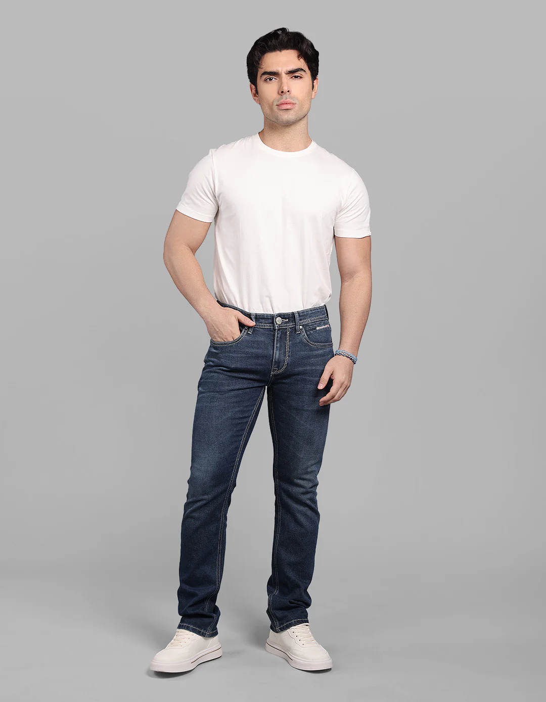 Med Blue Mid-Rise Slim Straight Fit Stretch Jeans - Image 2