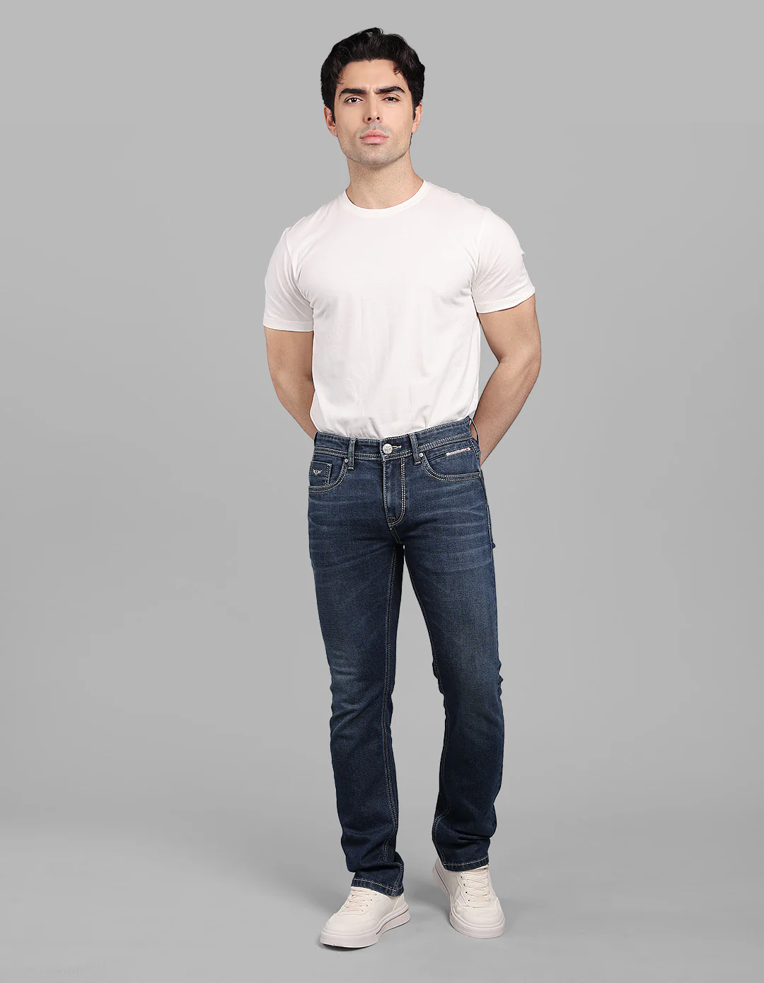 Med Blue Mid-Rise Slim Straight Fit Stretch Jeans - Image 3