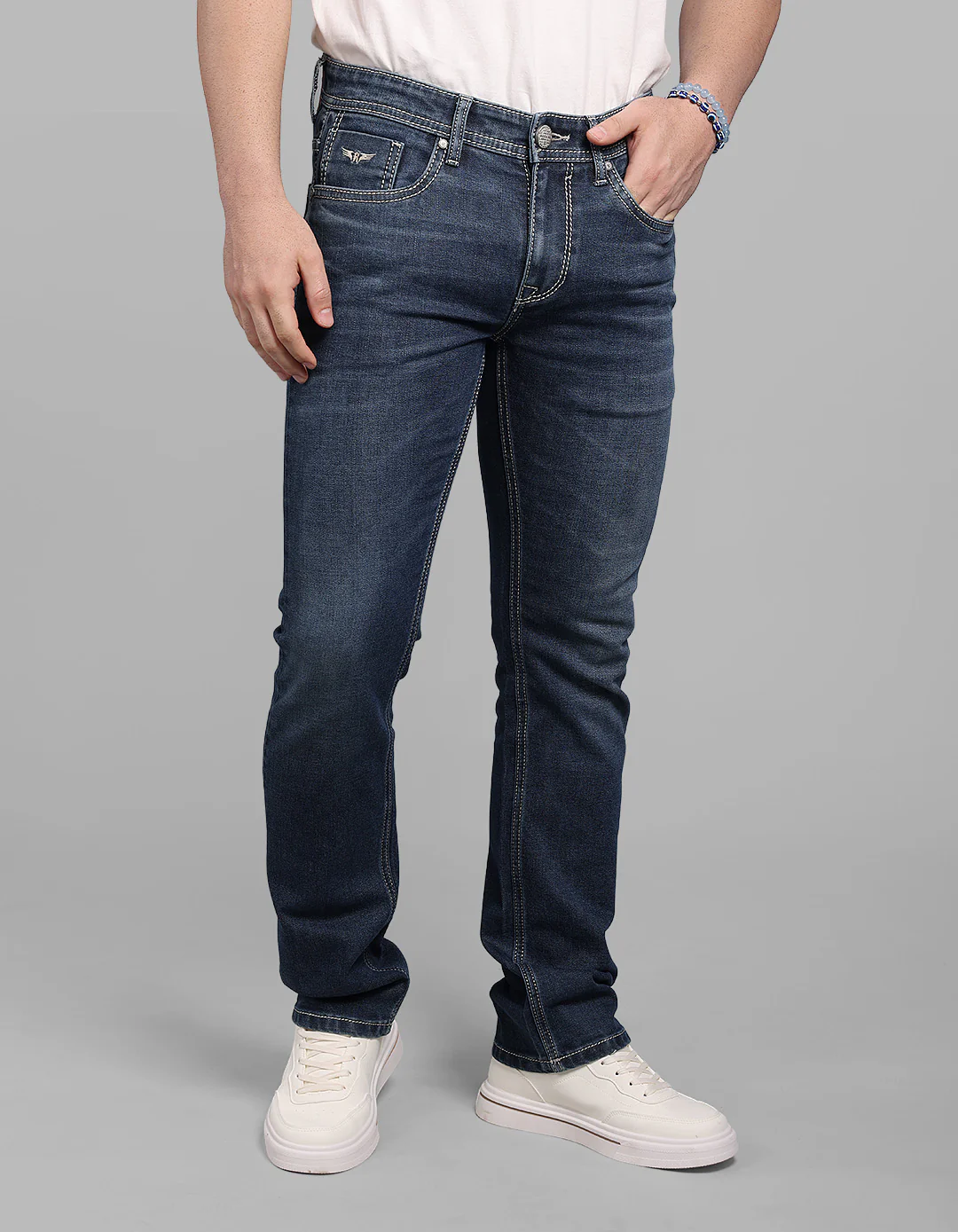 Med Blue Mid-Rise Slim Straight Fit Stretch Jeans - Image 4