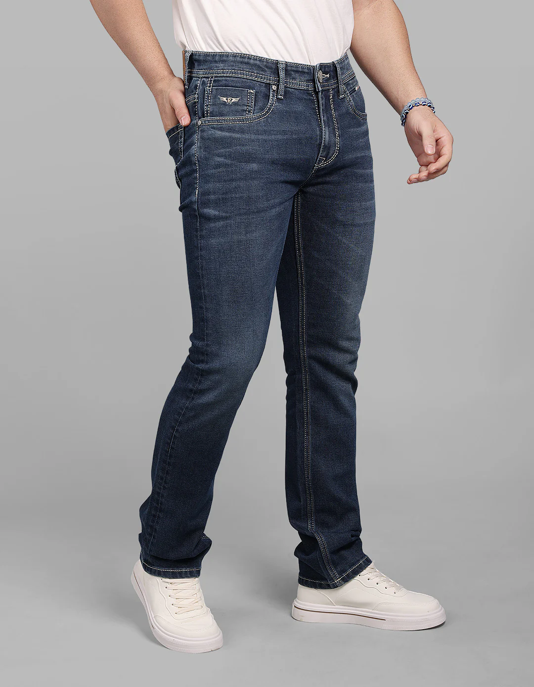 Med Blue Mid-Rise Slim Straight Fit Stretch Jeans - Image 5