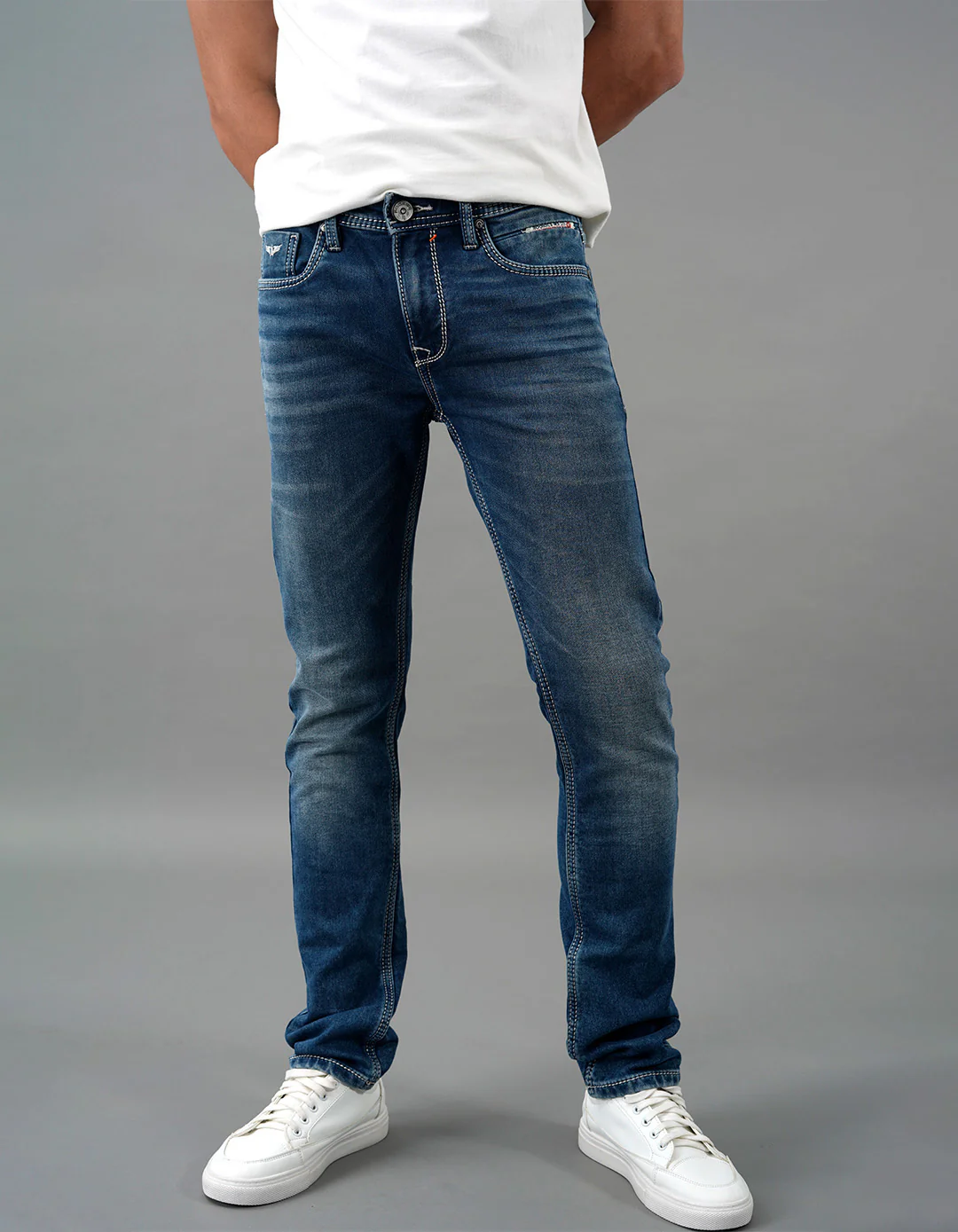 Med Blue Mid-Rise Slim Straight Fit Jeans