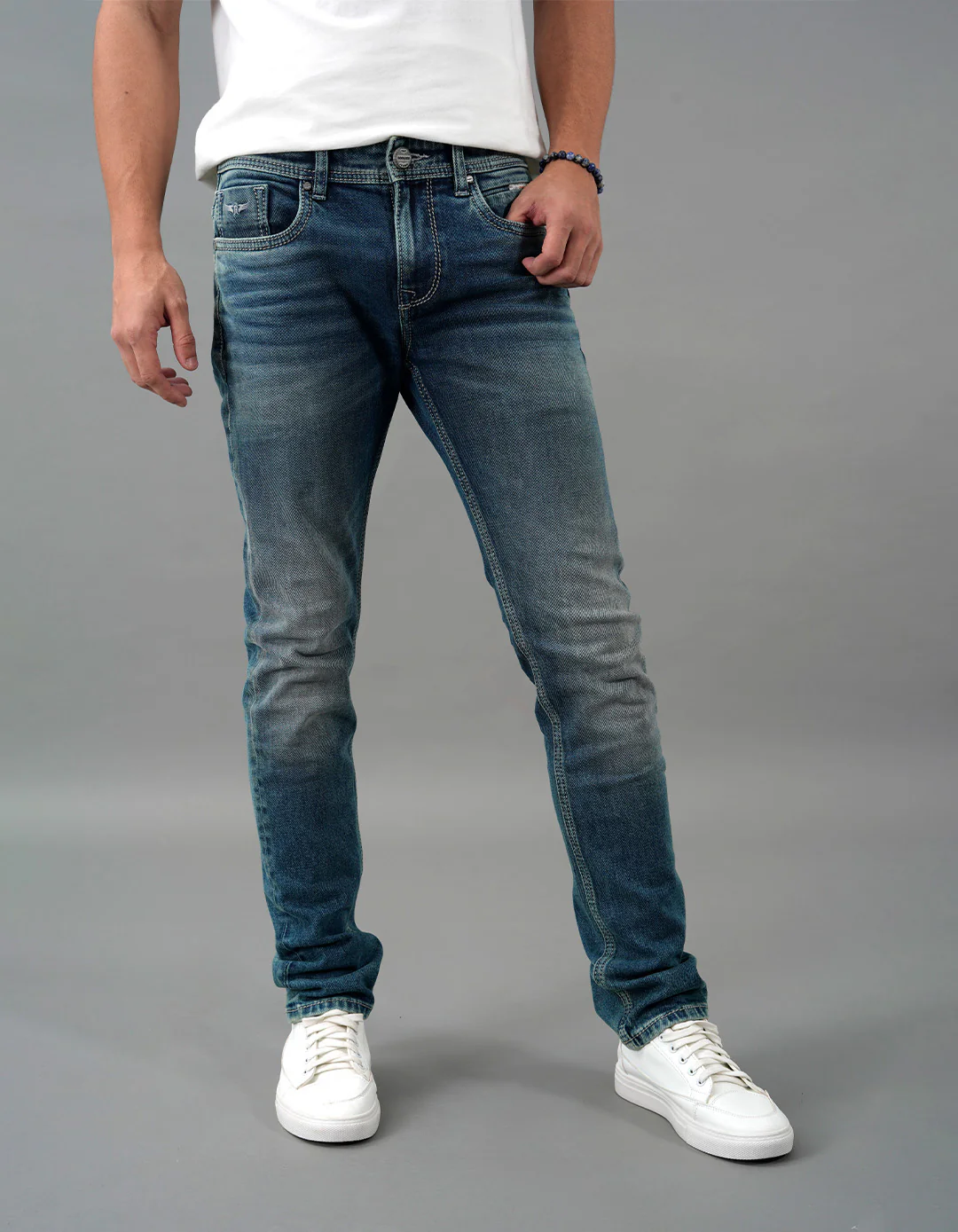 Med Blue Mid-Rise Slim Straight Fit Jeans