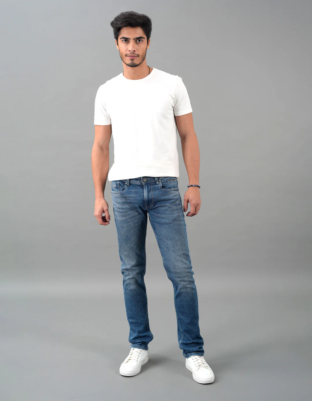 Med Blue Mid-Rise Slim Straight Fit Jeans - Image 2