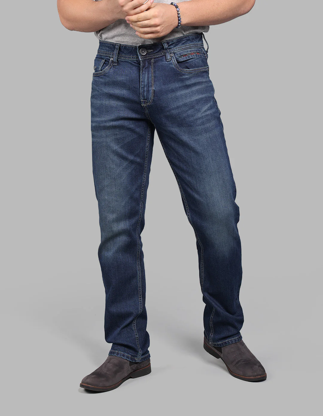 Med Blue Midrise, Comfort And Straight Fit Stretch Jeans