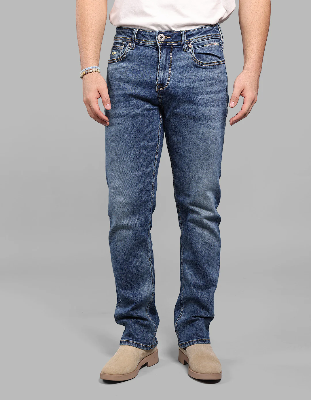 Med Blue Midrise, Comfort And Straight Fit Stretch Jeans