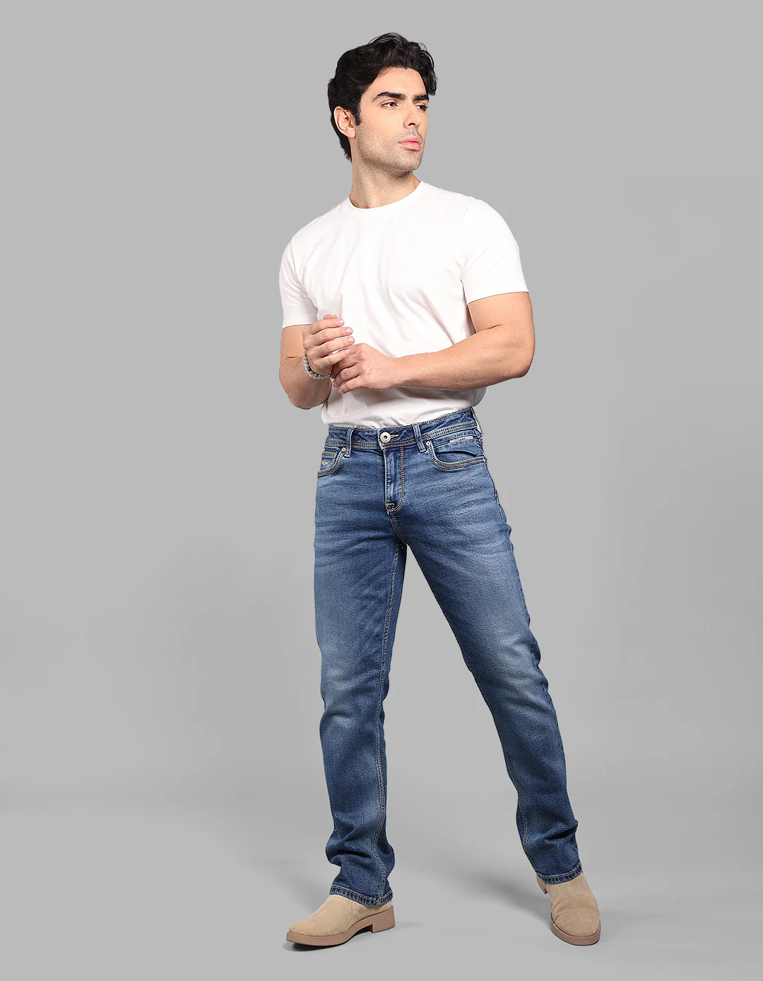 Med Blue Midrise, Comfort And Straight Fit Stretch Jeans - Image 2
