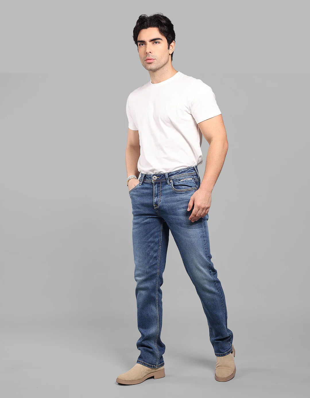 Med Blue Midrise, Comfort And Straight Fit Stretch Jeans - Image 3
