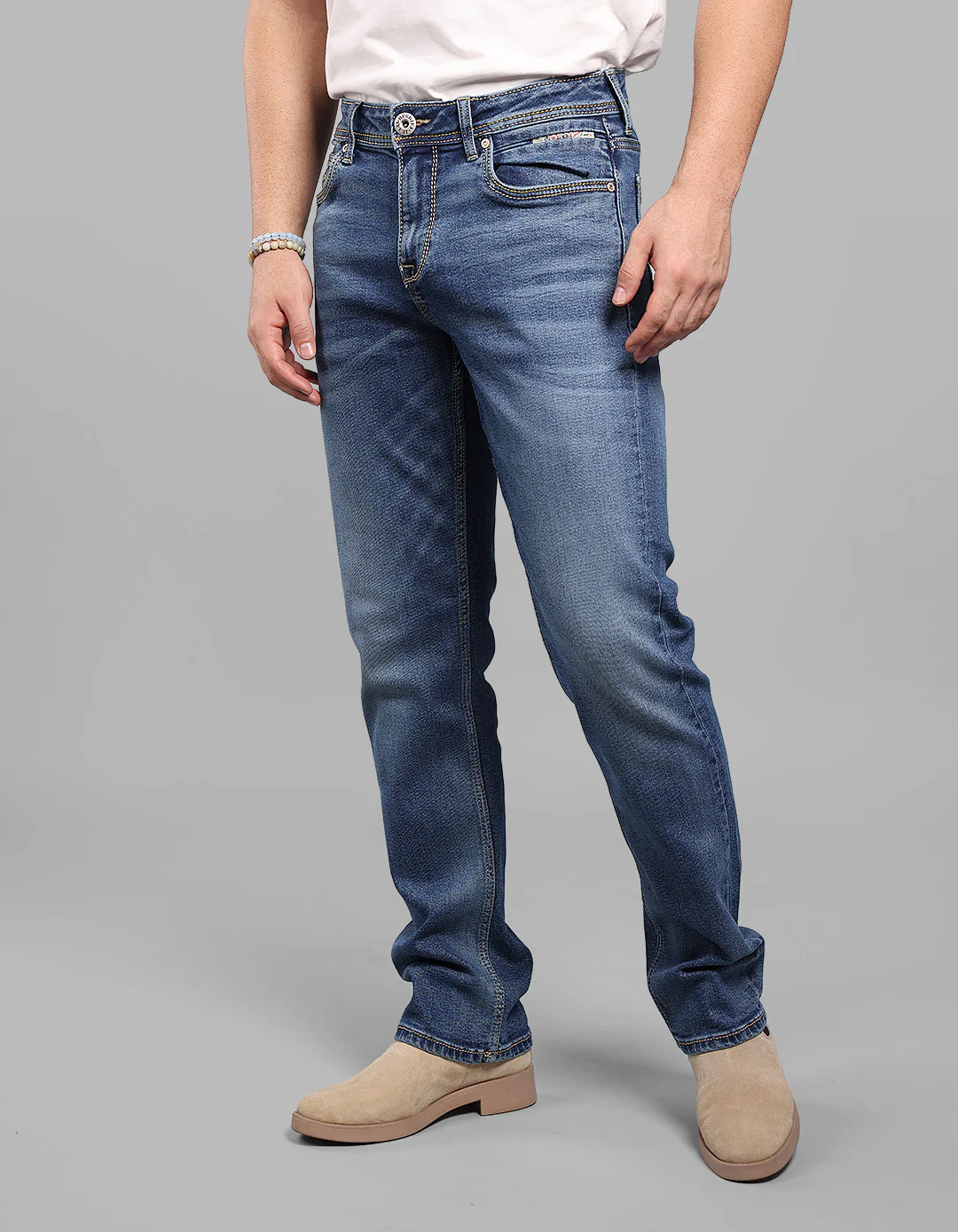 Med Blue Midrise, Comfort And Straight Fit Stretch Jeans - Image 4