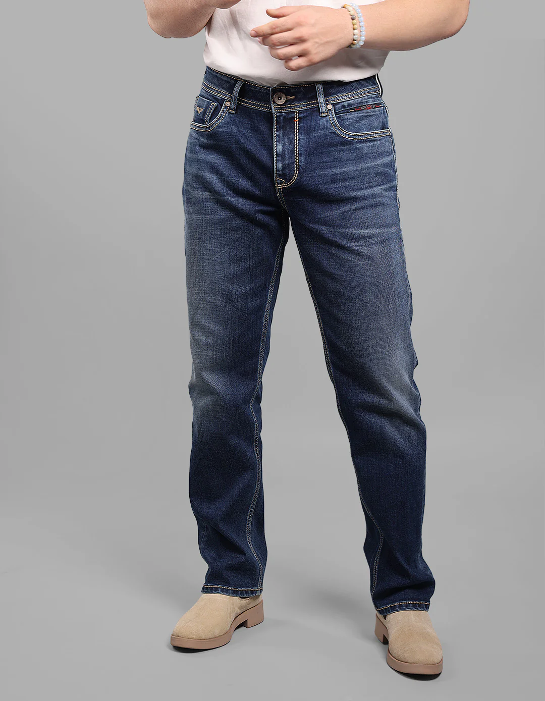 Med Blue Midrise, Comfort And Straight Fit Stretch Jeans
