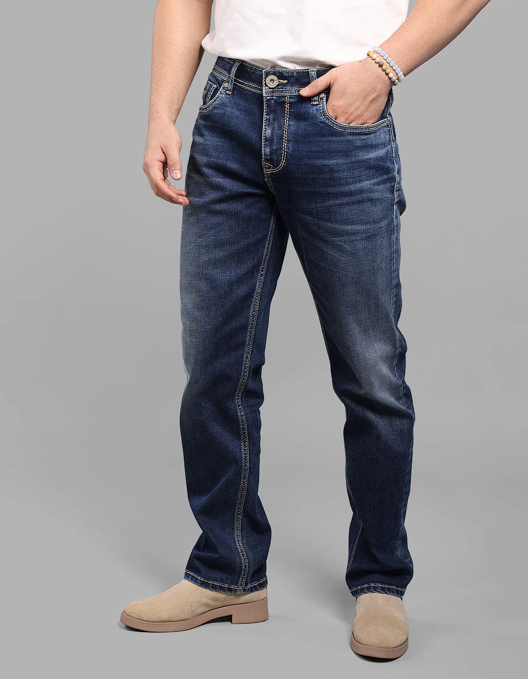 Med Blue Midrise, Comfort And Straight Fit Stretch Jeans - Image 3