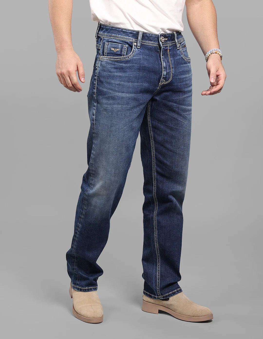 Med Blue Midrise, Comfort And Straight Fit Stretch Jeans - Image 4