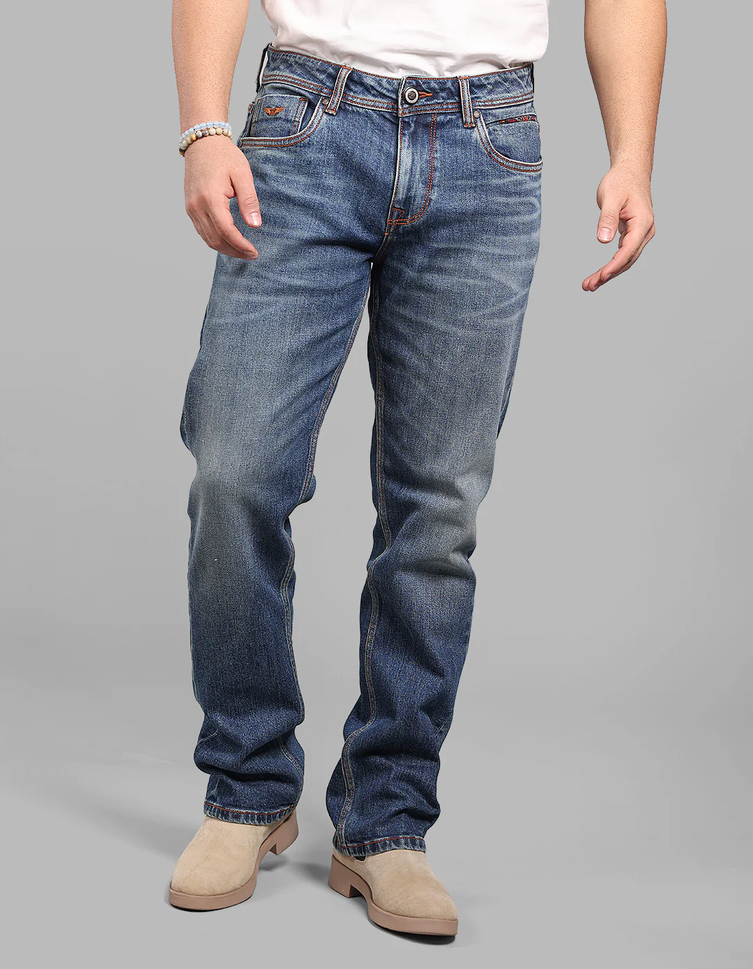 Med Blue Midrise, Comfort And Straight Fit Stretch Jeans