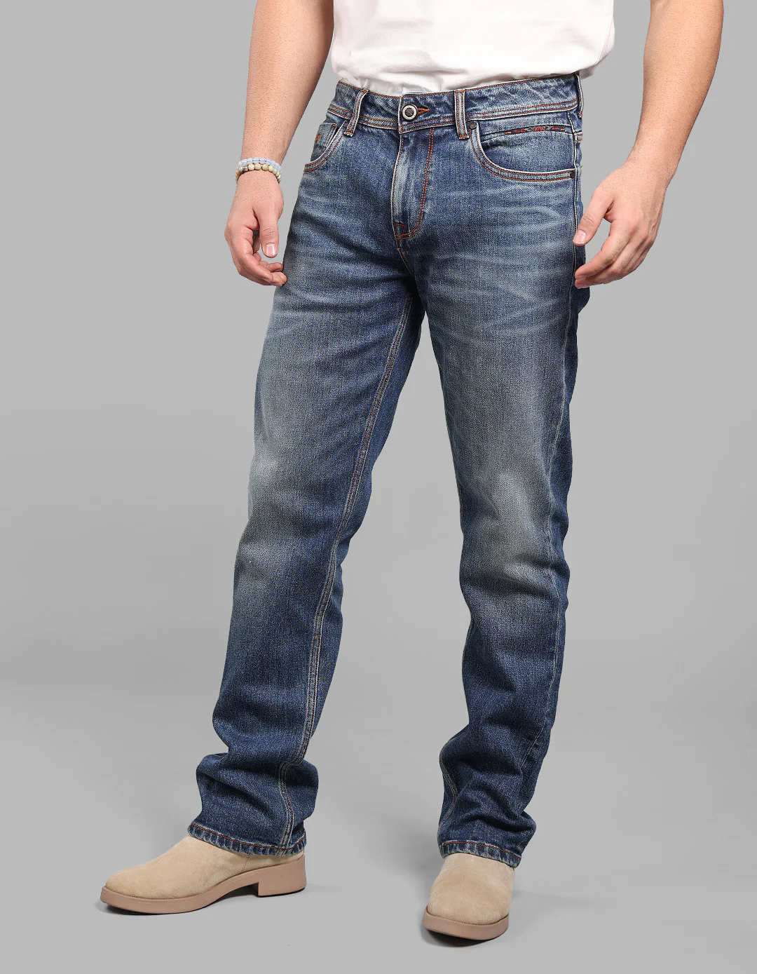 Med Blue Midrise, Comfort And Straight Fit Stretch Jeans - Image 3